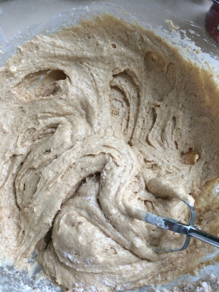 Pour the wet ingredients into the dry ingredients.